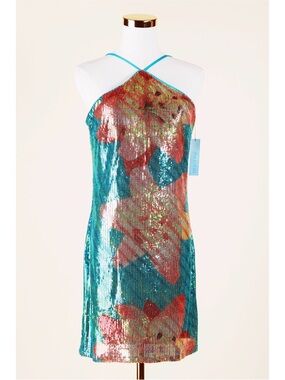 Sz M Invitée BCX Turquoise Halter Neck Lily Flower Sequin Bodycon Dress NWT